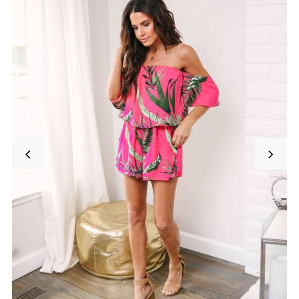 Hot Pink Tropics Romper Off the Shoulder